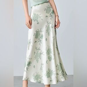 Elegant Green Satin Floral Maxi Skirt